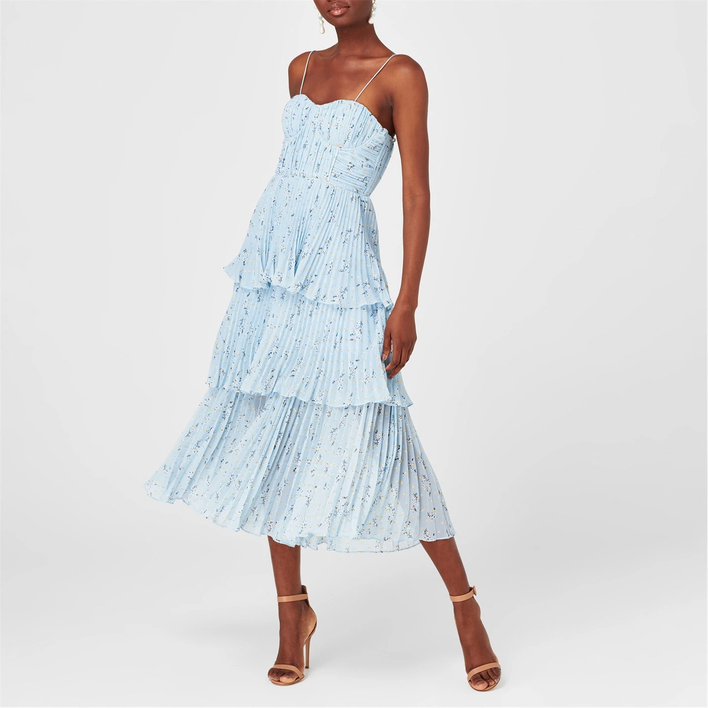 SELF PORTRAIT Metallic Floral Tiered Midi Dress